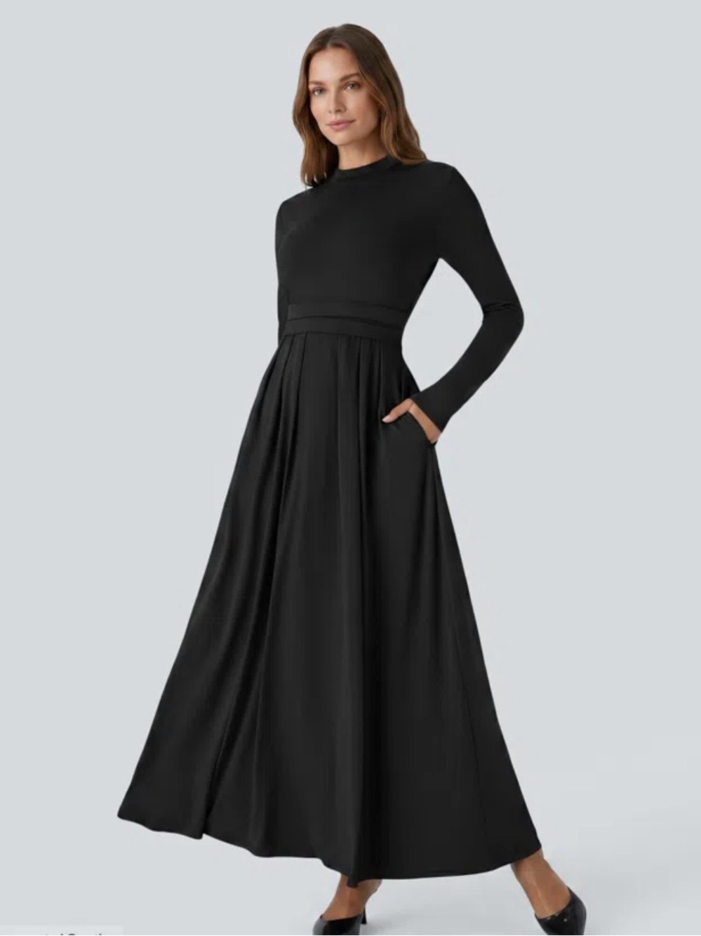 HALARA Black Mock Neck Long-Sleeve Flare Maxi Dress Pocket & Waist Detail XS